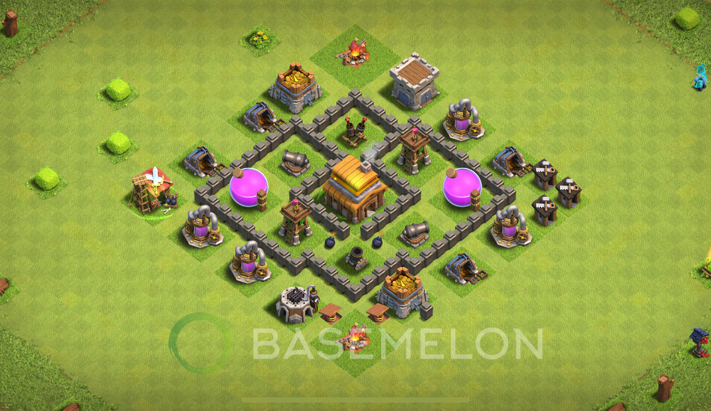 Town Hall 4 Trophy/Defense Base with Link, Anti Everything, Hybrid - TH4 Layout, #1514