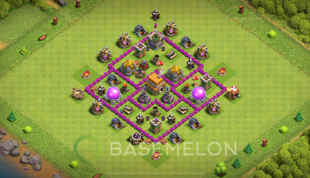 Town Hall 6 Trophy/Defense Base with Link, Anti 3 Stars, Hybrid - TH6 Layout, #318