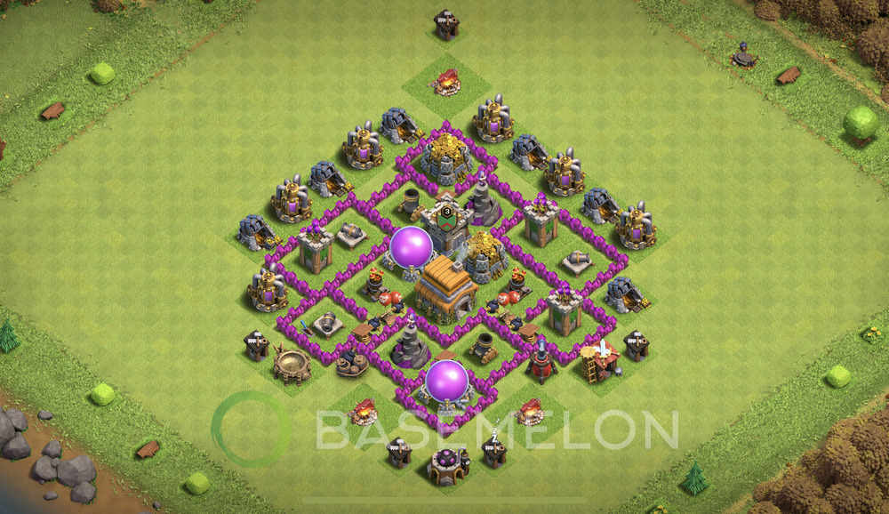 Town Hall 6 Trophy/Defense Base with Link, Anti 2 Stars, Hybrid - TH6 Layout, #695