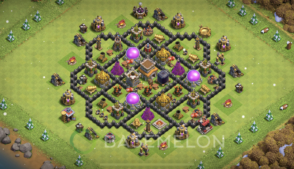 Town Hall 8 Trophy/Defense Base with Link, Anti 2 Stars, Hybrid - TH8 Layout, #1652